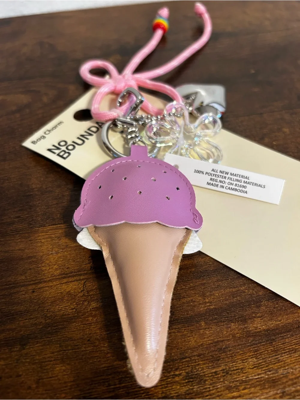 No Boundaries Pink Ice Cream Cone Bag Charm with Tan Cone